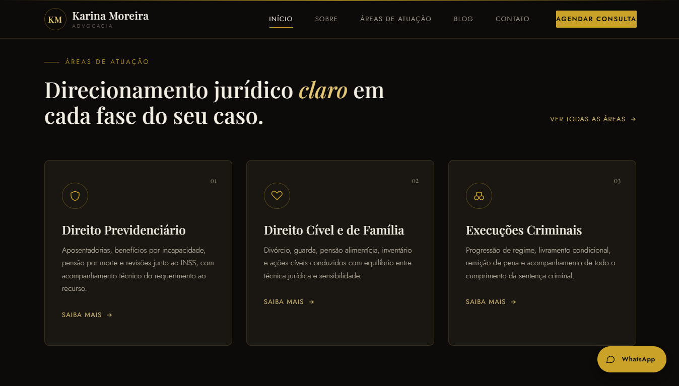 Áreas de atuação do site da advocacia Karina Moreira