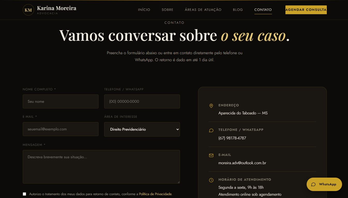Página de contato do site da advocacia Karina Moreira