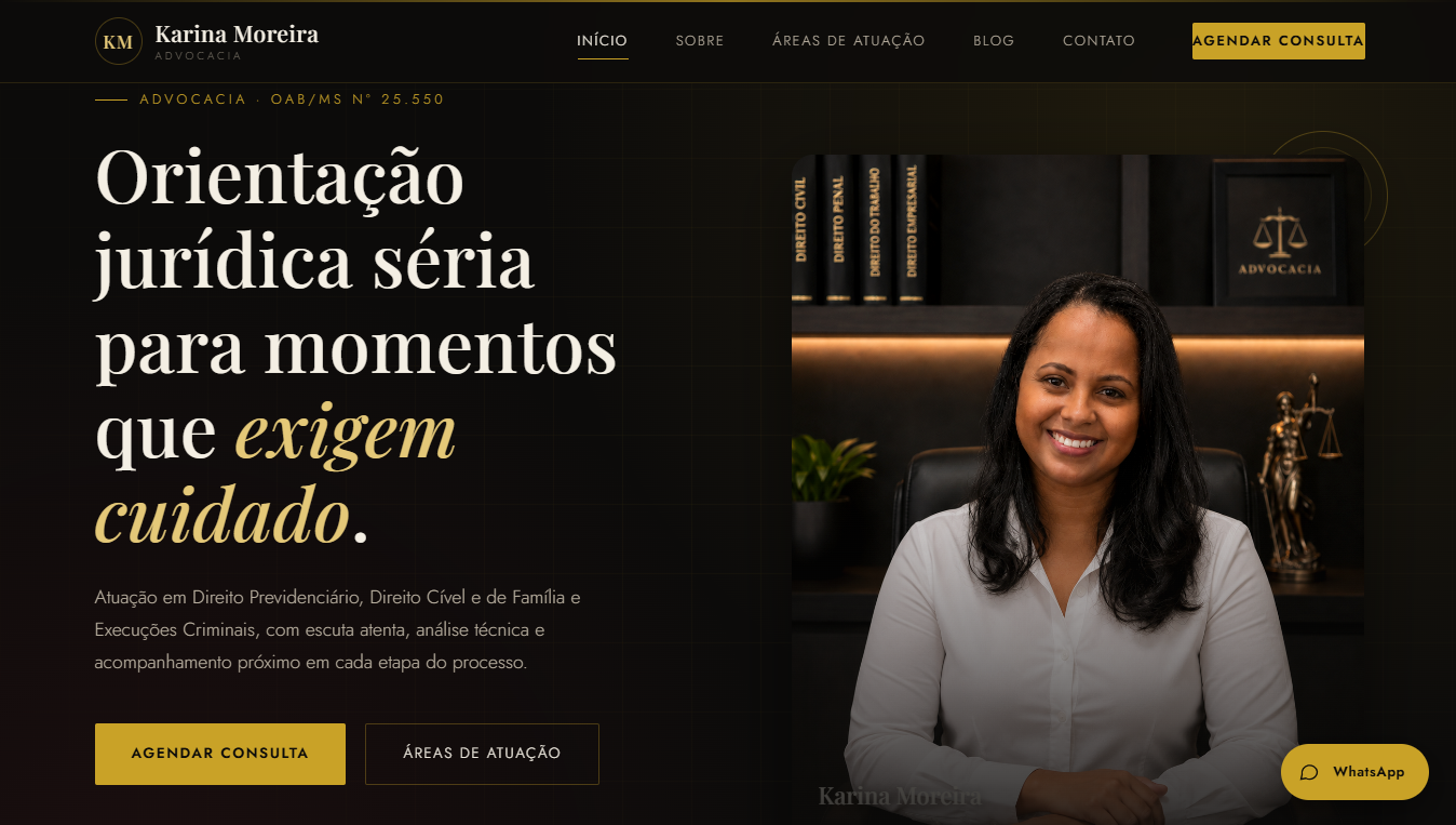 Página inicial do site da advocacia Karina Moreira