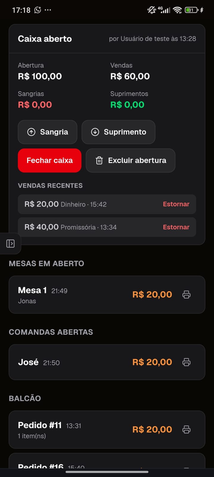 Tela de caixa do GF Gestor Foods no celular
