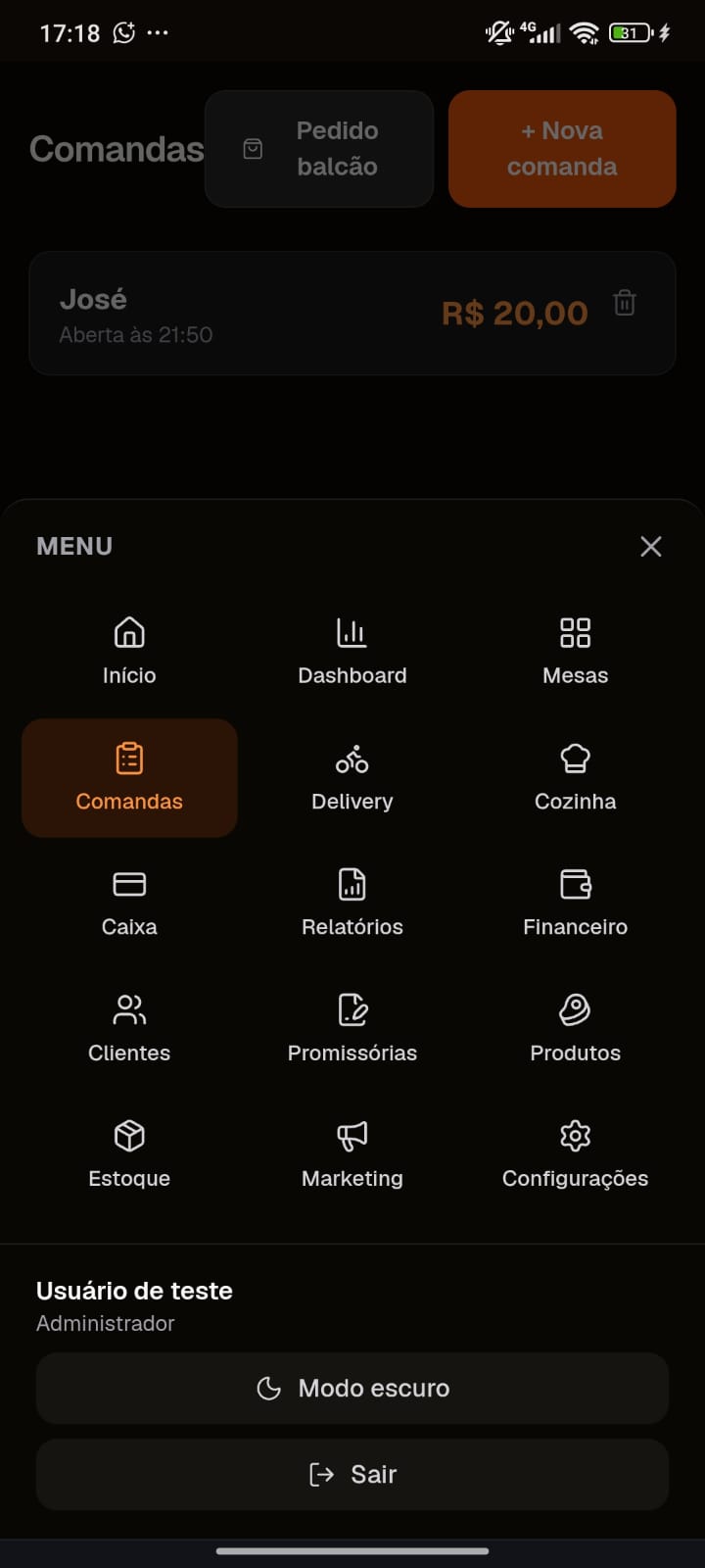 Comandas e menu do GF Gestor Foods no celular
