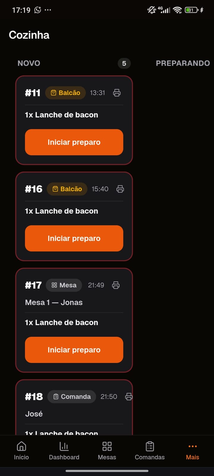 Tela da cozinha do GF Gestor Foods no celular