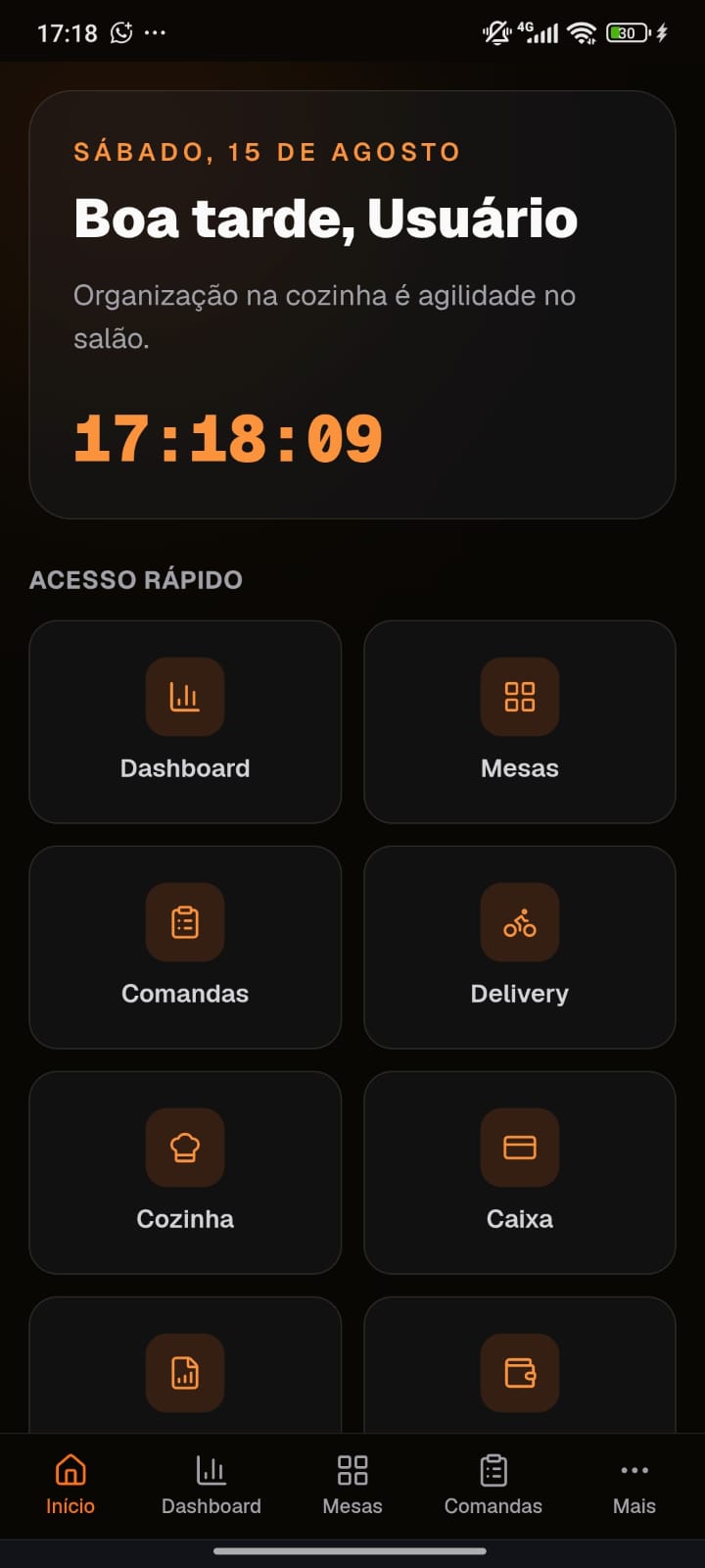 Painel inicial do GF Gestor Foods no celular