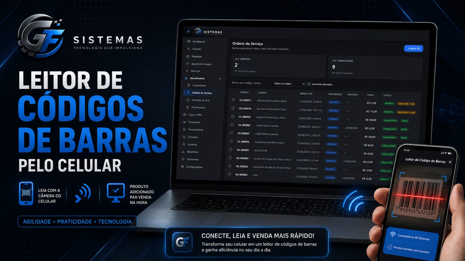 Leitor de código de barras pelo celular no GF System Service
