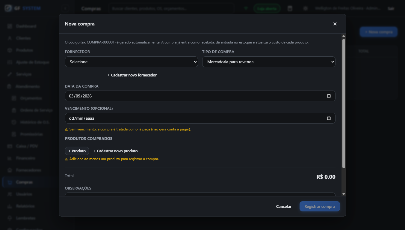 Tela de nova compra do GF System Service